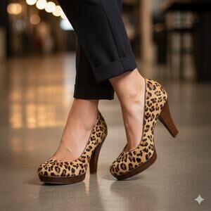 Sofft Brown Tan Leopard Leather Upper Platform Heels 8.5